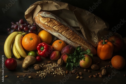 Assortment of Fresh Groceries Spilling from a Brown Paper Bag on Wooden Surface