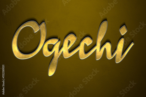 Old gold text effect of Nigerian Pidgin name Ogechi with 3D glossy style Mockup. photo