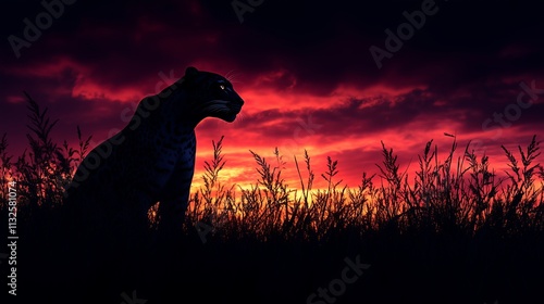 Majestic Panther at Sunset: A powerful black panther silhouetted against a fiery sunset, exuding strength, mystery, and the untamed beauty of nature.  photo