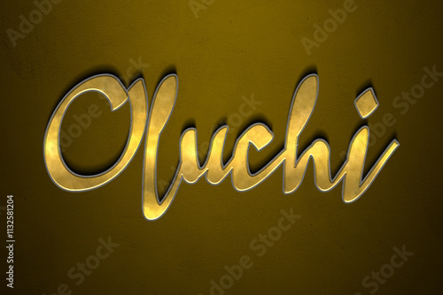 Old gold text effect of Nigerian Pidgin name Oluchi with 3D glossy style Mockup. photo