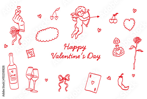 Valentine’s Day Set. Hand Drawn Illustration of Cupid, Hearts, Hand, Flowers, and Gifts. Romantic Tattoo Art.