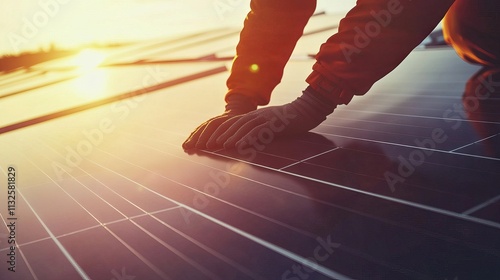 Hands-on inspection of solar panels at dawn.