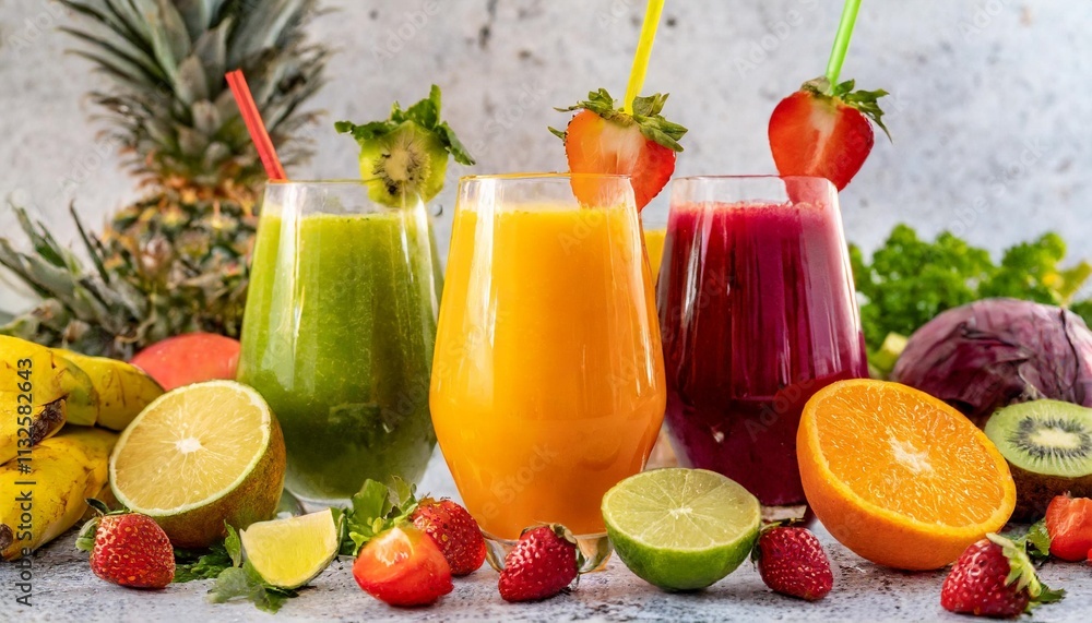 Zesty Tropical Juice Blends with Fresh Ingredients and Vibrant Colors Zesty Tropical Juice Blends with Fresh Ingredients and Vibrant Colors