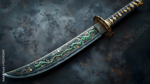 A Japanese katana sword with green dragon scales and a gleaming golden guard, showcasing the intricate craftsmanship and powerful symbolism of traditional Japanese weaponry, with a touch of mythical a photo