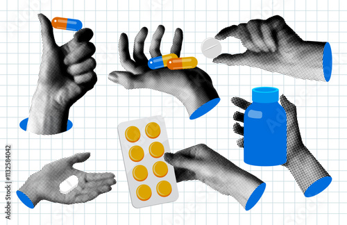 Set of halftone hands holding pills. Concept of medicine and treatment. Hands holding medicines. Modern collage