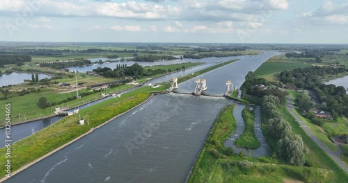 Aerial drone video on The Hagestein weir and lock complex is located in the Lek near the village of Hagestein. photo