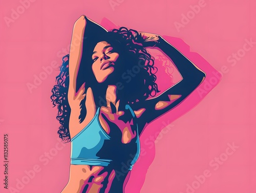 A woman with curly hair poses against a pink background. photo