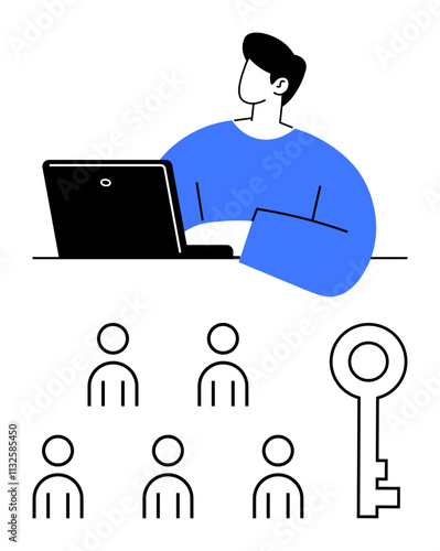 Person working on laptop six team members, and key symbolizing solutions and success. Ideal for teamwork, remote work, collaboration, online meetings, problem-solving, success, diversity. Line