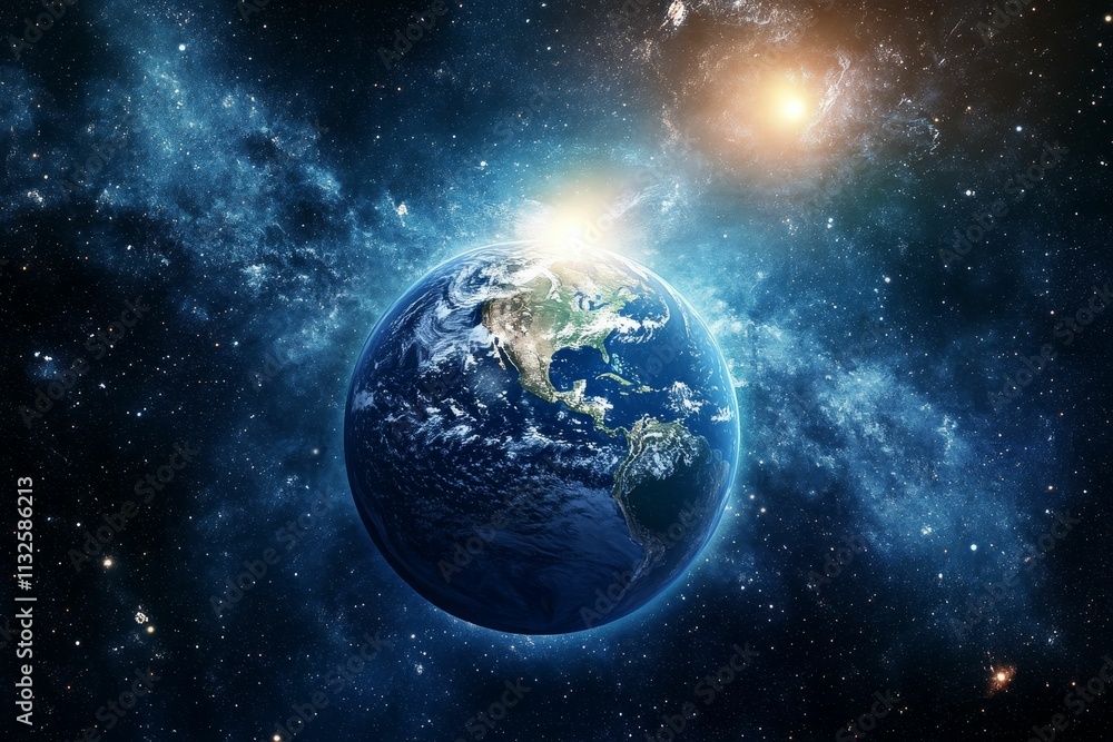 Obraz premium Planet Earth, cosmic dust, bright star, deep space.