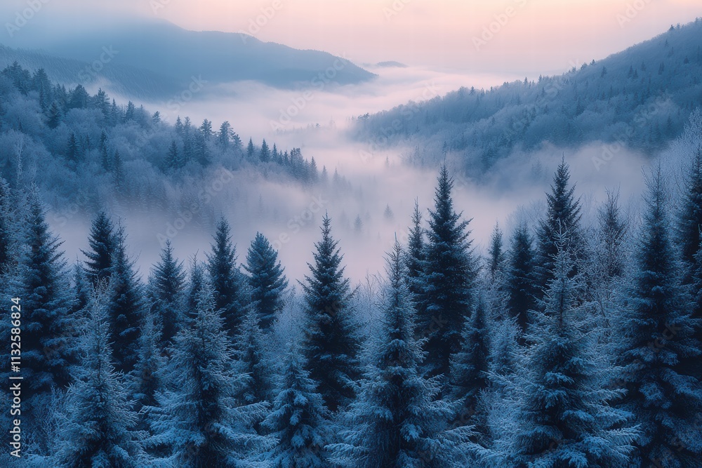 Obraz premium Winter mists shroud forested hills, creating an ethereal landscape at dawn