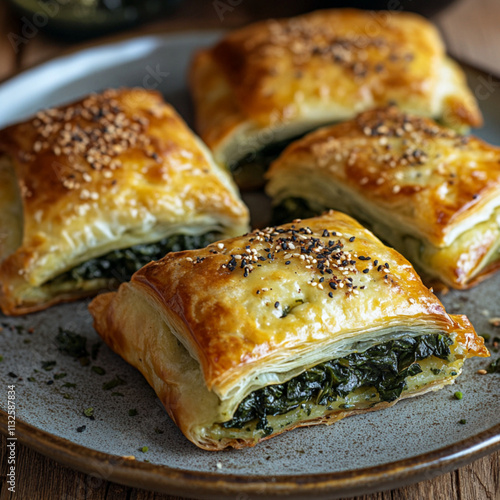 a plate filled with rectangular burekas picture taken from top. smaller pieces and more on a plate. with sesame seads on top of the burekas, and one burekas cut in half with spinach stuffing photo