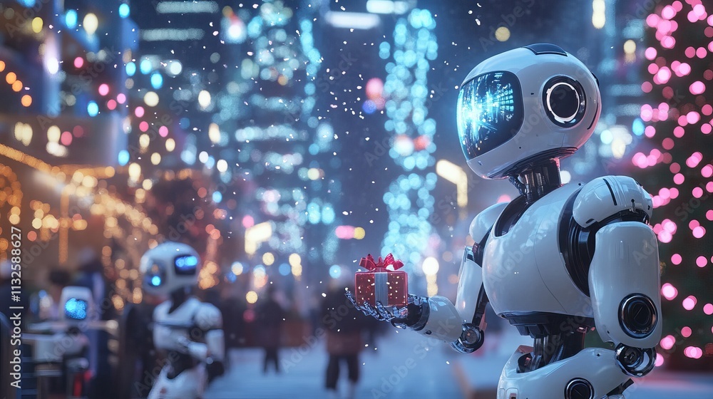 Fototapeta premium Futuristic robot offering gift in snow-lit cityscape