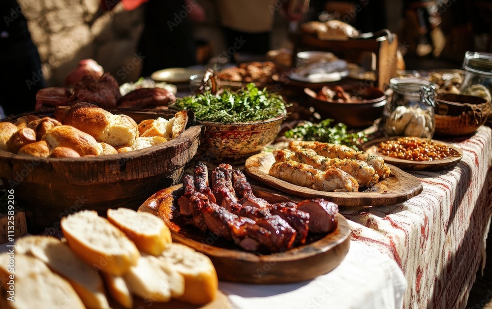 Obraz premium A table set for a traditional feast with roasted meat and fresh bread for st stephens day