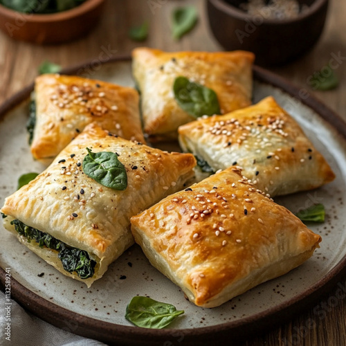 a plate filled with rectangular burekas picture taken from top. smaller pieces and more on a plate. with sesame seads on top of the burekas, and one burekas cut in half with spinach stuffing photo