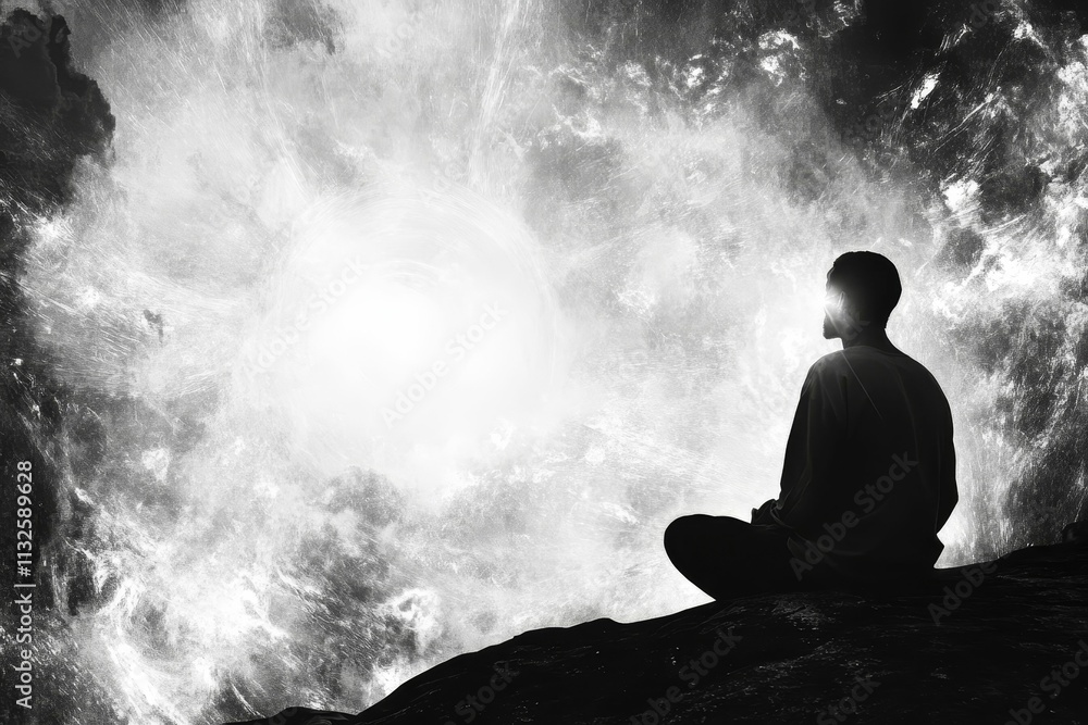 Silhouetted person meditates, facing bright cosmic swirl. Silhouetted person meditates, facing bright cosmic swirl.