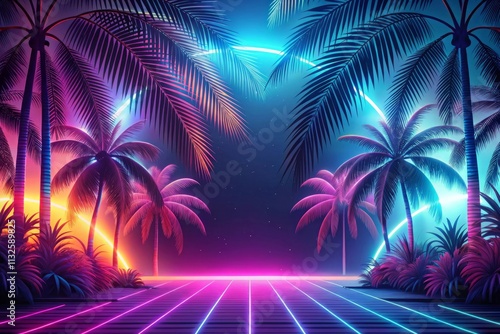 A Retro Futuristic Landscape with Palm Trees Silhouetted Against a Vivid Sunset and a Glowing Grid