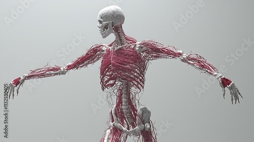 3D render of human anatomy, showing skeletal and muscular systems. photo