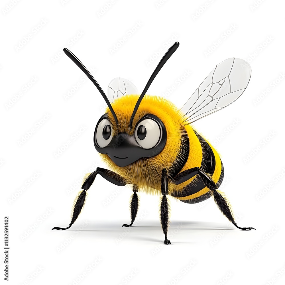 Fototapeta premium Charming and Playful Cartoon Bee Character with Large Eyes, Bright Yellow and Black Stripes, Whimsical Expression, Waving Arms, Cartoonish Style Ideal for Children's Themes and Education