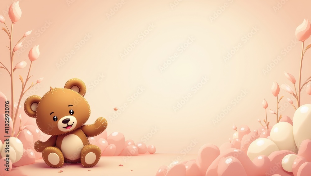 Fototapeta premium Adorable Teddy Bear in Pastel Landscape with Clouds and Blossoms, Cute Digital Art for Valentine's Day