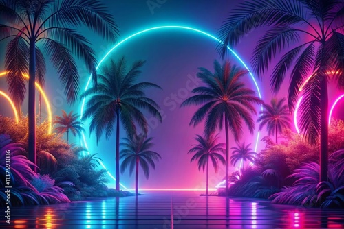 The retro style tropical background is illustrated with neon lights