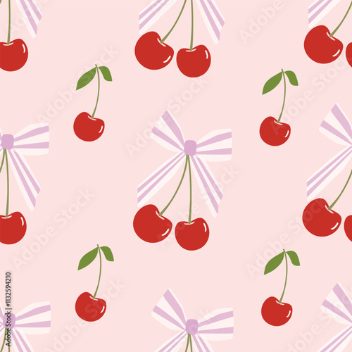 Red cherry with light purple and white transparent on light pink background. Seamless pattern Vector.