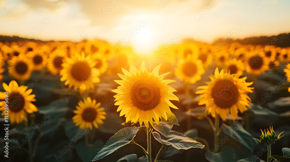 Obraz premium Breathtaking Sunset Over a Vibrant Sunflower Field in Full Bloom