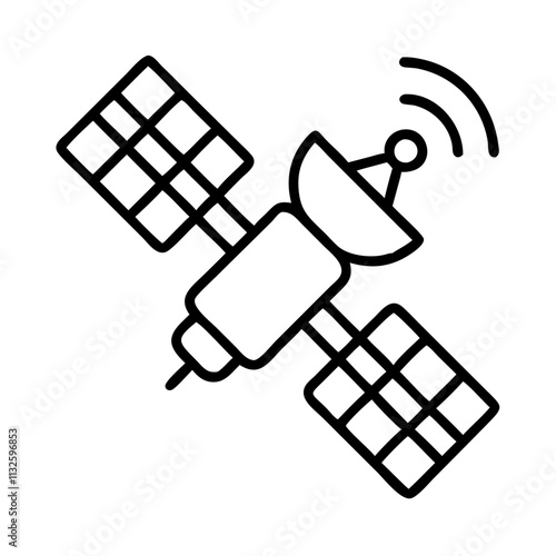 satellite orbiting icon, space day line art, space icon - simple black line art icon of satellite orbiting, symbolizing space day celebrations. space vector art.