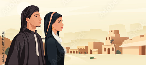 A Middle Eastern man and woman in traditional attire, standing amidst a desert town landscape, warm tones, cultural context. Vector illustration