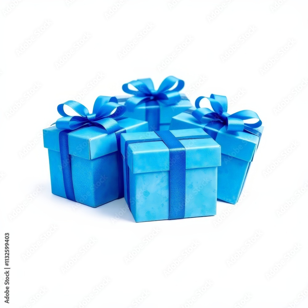 Obraz premium Four beautifully wrapped blue gift boxes tied with bright blue ribbons, conveying a fun and cheerful spirit suited for festive occasions and celebrations