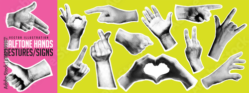 Set of various halftone hand gesture, y2k dotted collage element, finger touch, pointing, click or tap, retro newspaper cutout, comic magazine sticker and doodle arm sign with grunge torn paper. Hands