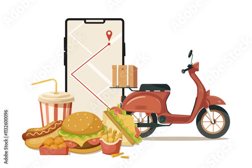 Fast food items like burger, sandwich, fries, and drink with delivery scooter and mobile map on white background. Delivery service concept. Vector illustration.