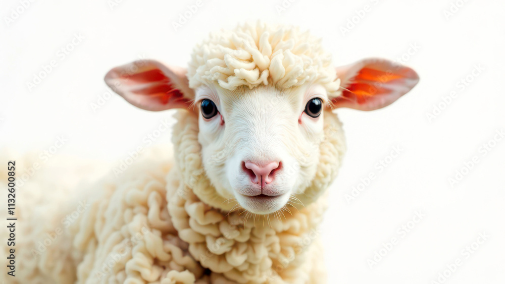 Fototapeta premium Close-up of a fluffy lamb with soft creamy wool and expressive eyes