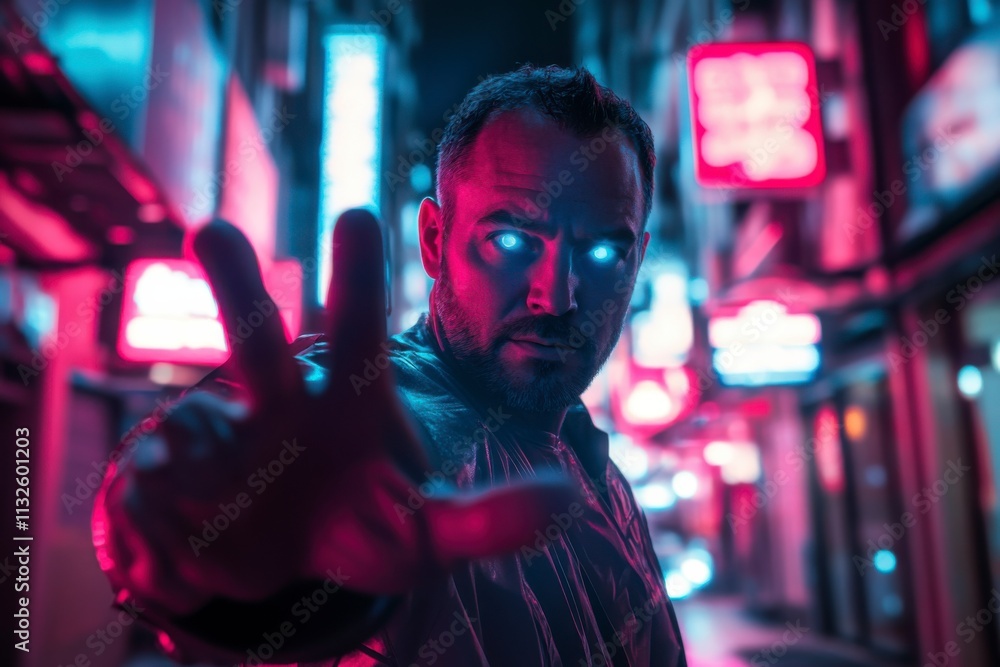 Fototapeta premium Closeup portrait of man with glowing neon eyes reaching hand toward camera with intense face expression in cyberpunk city setting futuristic and dark aesthetic