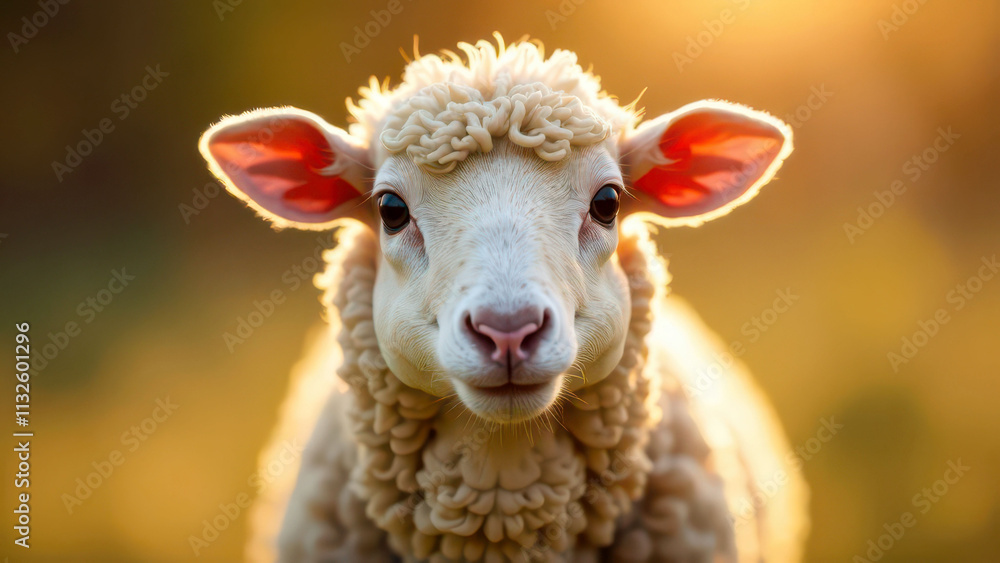 Fototapeta premium Adorable young sheep in sunlit pasture with curly wool and bright eyes
