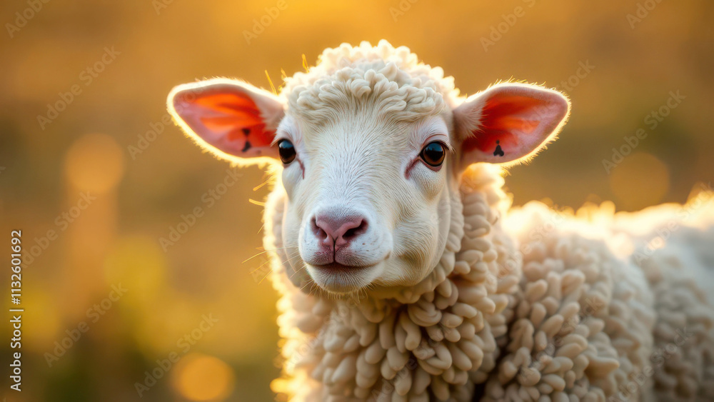 Obraz premium Young lamb in sunlit pasture at golden hour