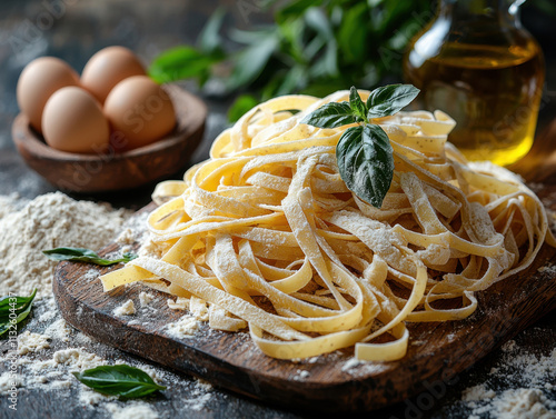 Fresh homemade tagliatelle pasta on a rustic wooden board, sprinkled with flour. Surrounded by natural ingredients: eggs, basil leaves, and olive oil. Perfect for culinary themes and Italian cuisine. photo