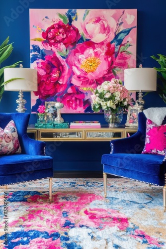 Vibrant Floral Artwork Adorns A Stylish Living Room Setting photo