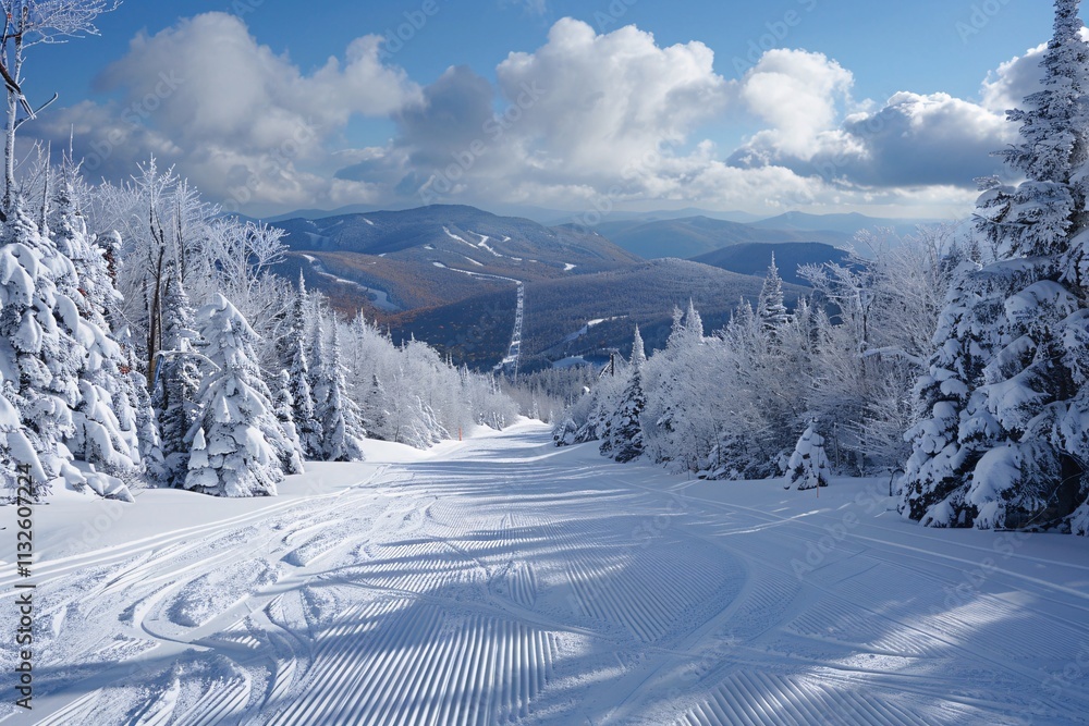 Obraz premium A winding snowy pathway leads through a serene winter landscape, surrounded by tall evergreen trees. The mountains in the distance are blanketed in fresh snow, creating a picturesque view