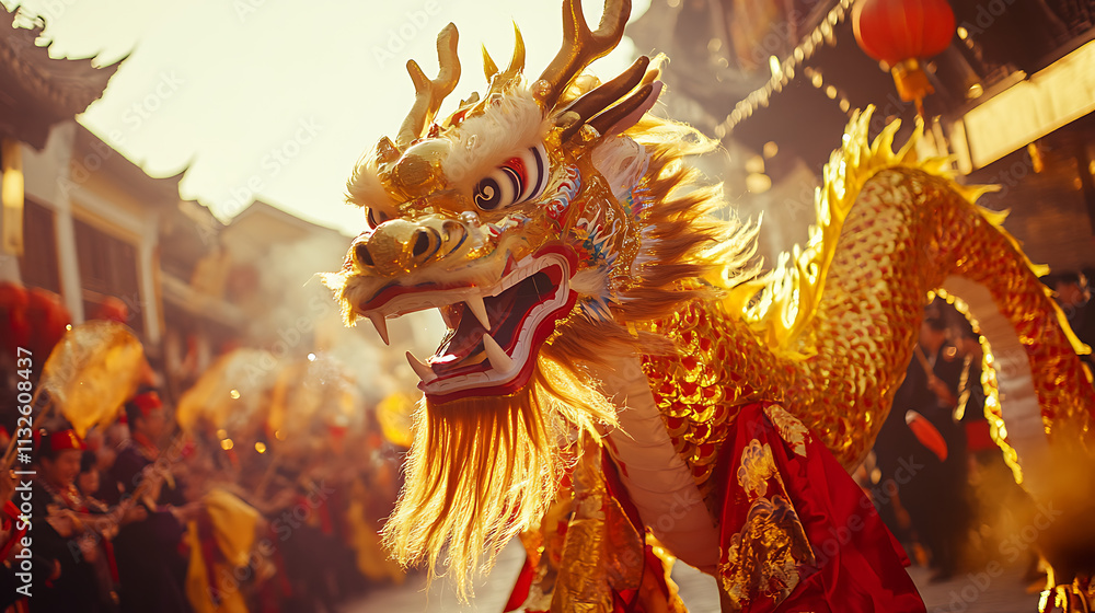 Fototapeta premium Prompt 8: A golden dragon parading through a traditional Chinese neighborhood, surrounded by performers in festive costumes, captured in a cinematic wide-angle style for marketing visuals