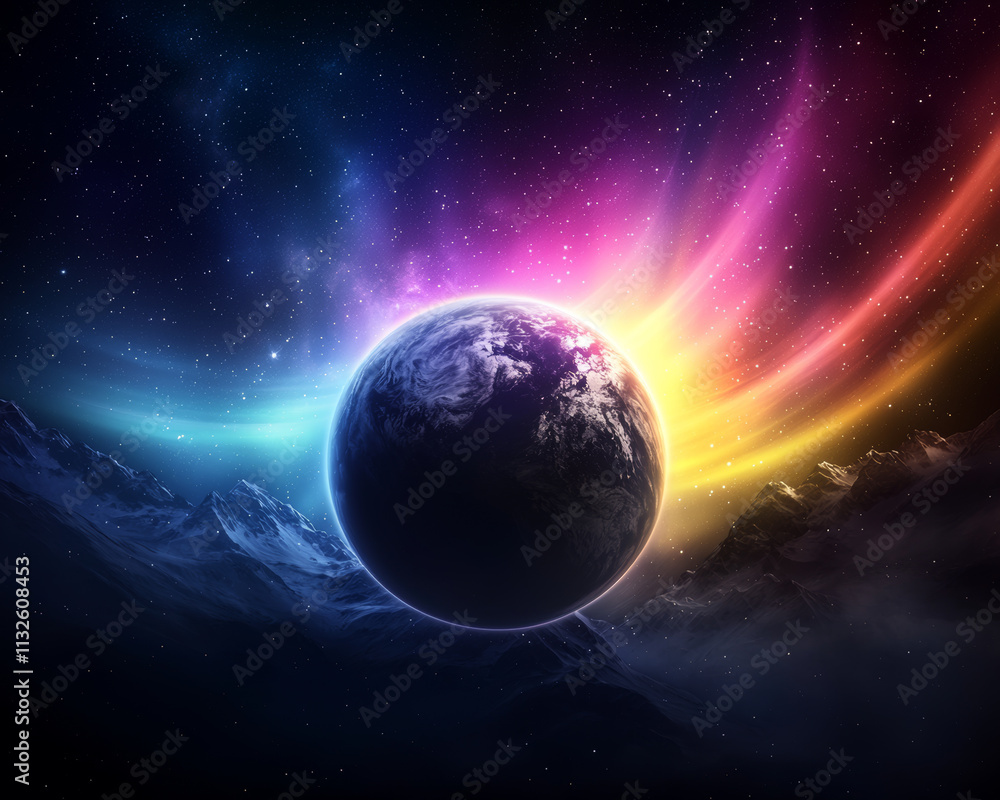 Naklejka premium Planet cosmic imagery.planet surrounded by vibrant auroras