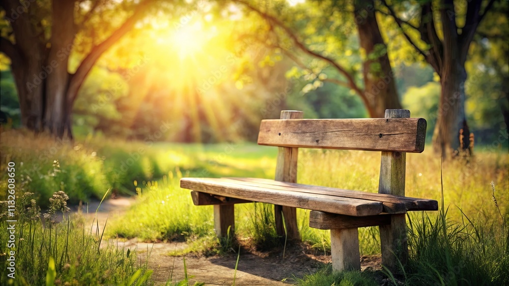 Naklejka premium Rustic wooden park bench bathed in warm sunlight on a grassy path