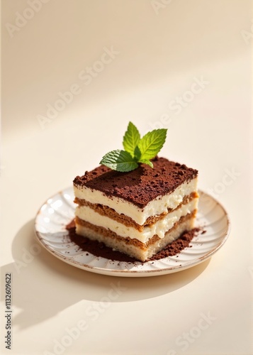 Tiramisu dessert on plate with delightful mood and soft background