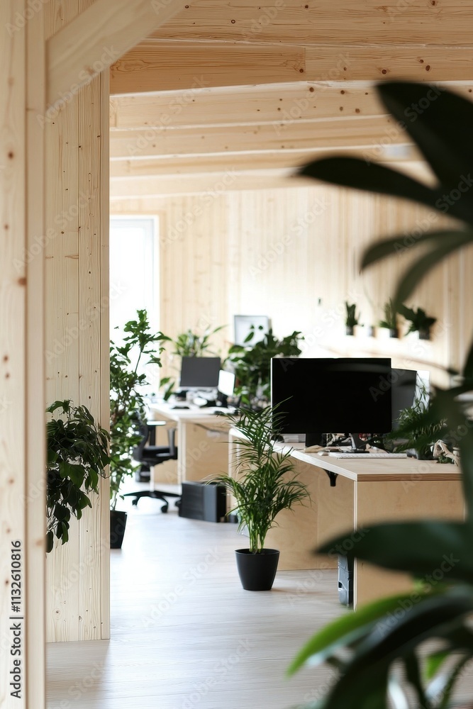 Fototapeta premium Modern Wooden Office Space With Greenery