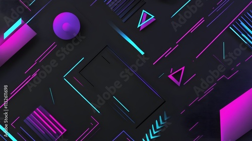 Neon geometric shapes in a black void, with glowing purple and teal accents.