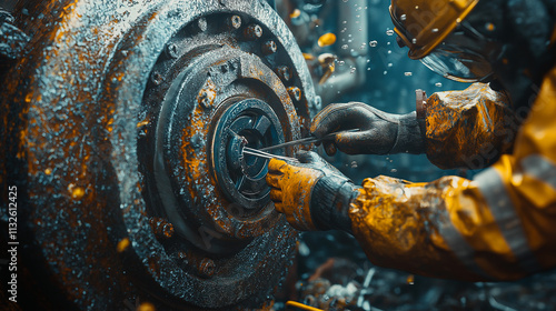 Industrial diver repairs machinery underwater in a rusty environment with focused precision photo