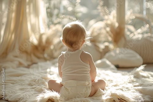 A baby in a white tank top sits on a plush blanket, looking out toward soft sunlight filtering through a window. The warm atmosphere creates a serene moment of innocence photo