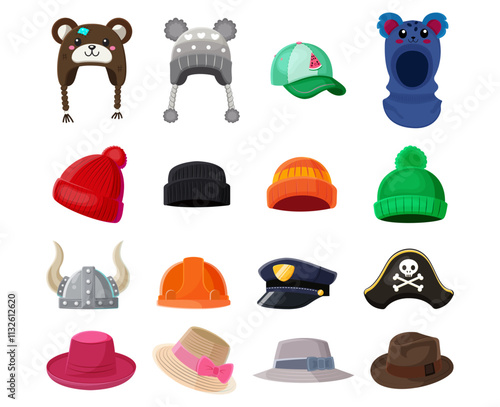 A collection of colorful hats including winter hats, caps, helmets, and themed hats on a white background. Concept of fashion and accessories. Vector illustration.