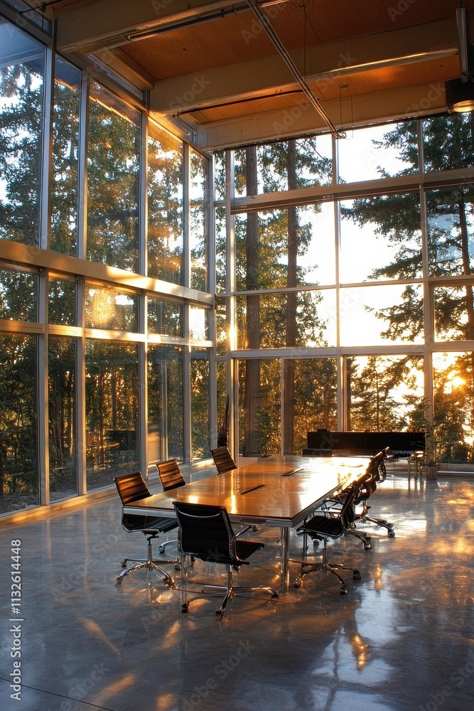 Fototapeta premium Sunlit Modern Conference Room With Forest View