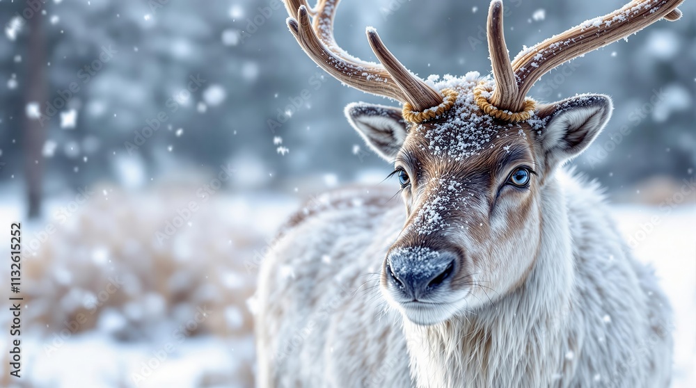 Fototapeta premium A majestic reindeer standing in a snowy landscape, showcasing its impressive antlers and beautiful fur, evoking a serene winter atmosphere