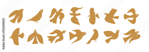 Vector illustration in simple hand drawn  naive and linocut style - natural print, poster or logo design template - spring illustration - birds